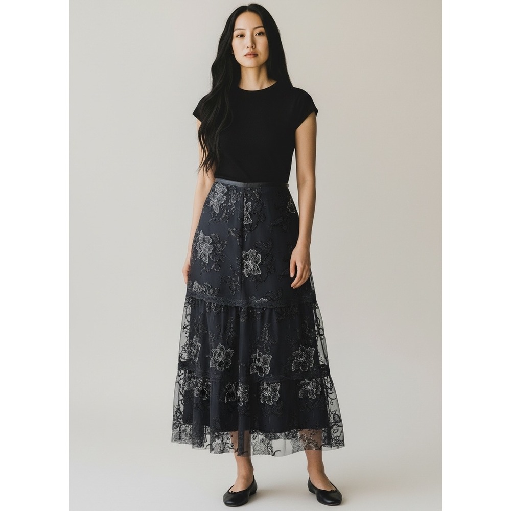 ElLLIOT  LAUREN Midi Maxi Skirt Sz 14 Black Sequin Mesh Tiered Fairy‎ Whimsigoth